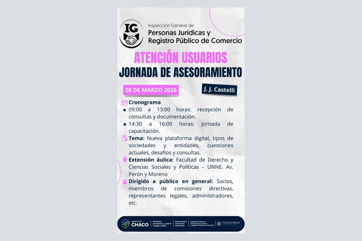 En Castelli: el Registro de Personas Jurídicas realizará un operativo territorial para trámites y asesoramiento